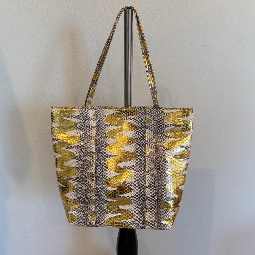 Stylish Gold and Cream Tote Bag python leather
